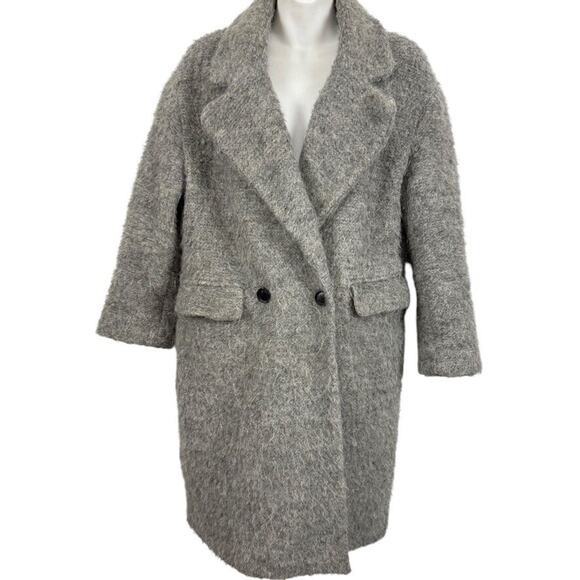 Zara Basic Outerwear Double Breasted Dressy Winter Coat Trench Gray Fuzzy Wool S - Picture 1 of 15